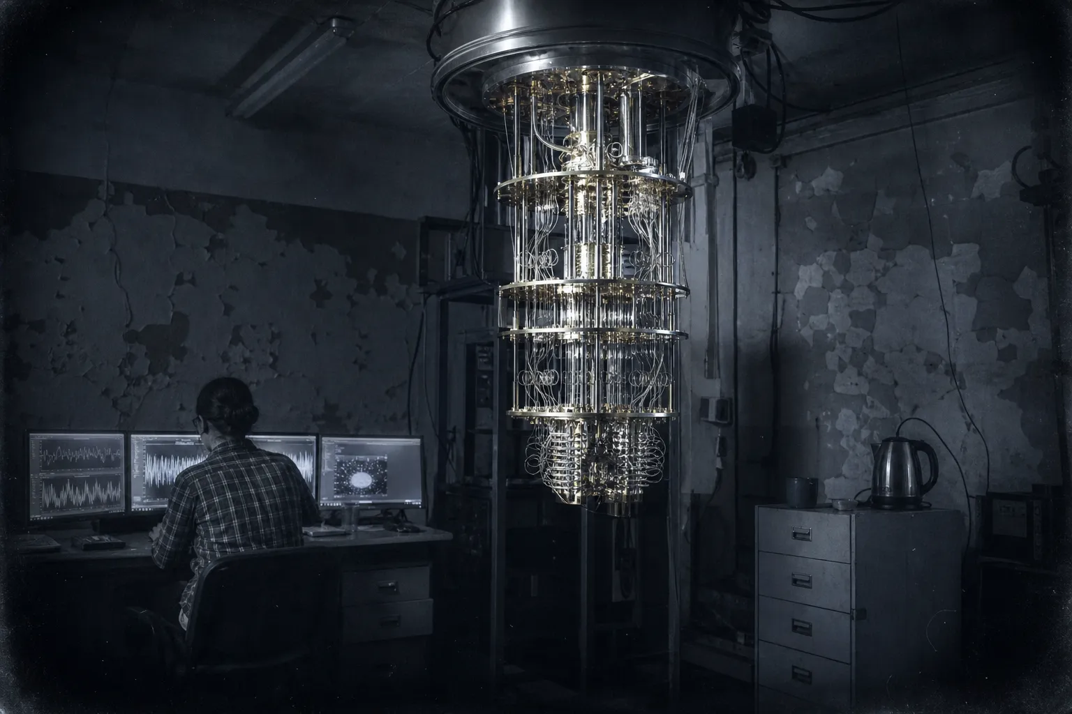 A cramped institute lab: the open 'chandelier' of a quantum processor's cryostat hangs in the middle, a woman in a checked shirt sits with her back to us at three monitors.