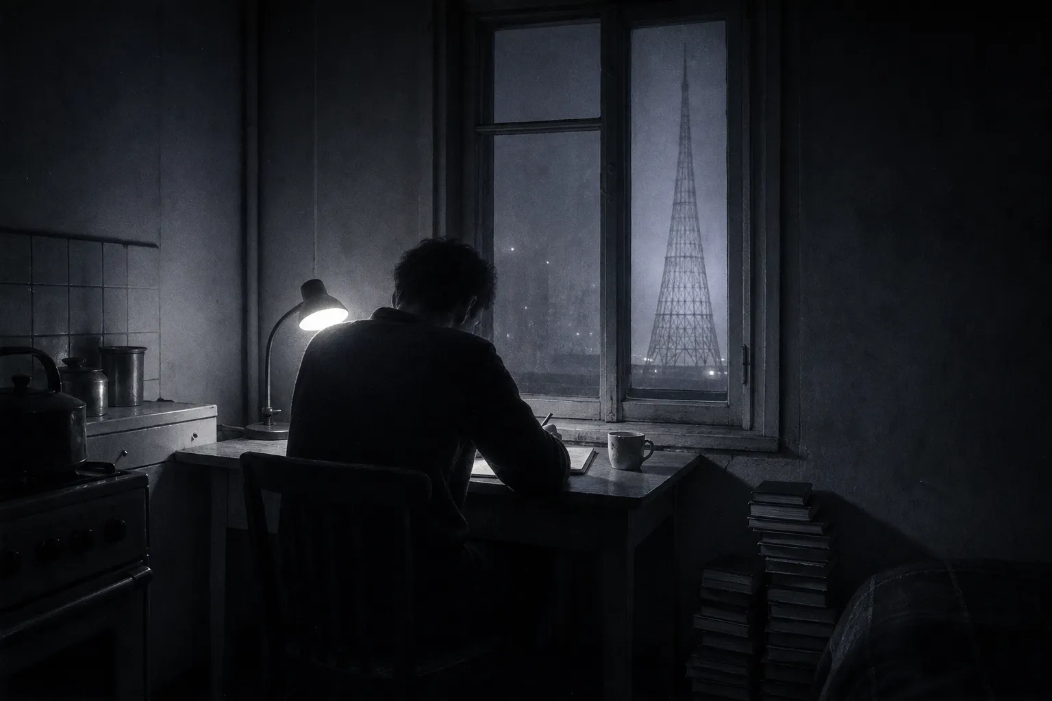 Night in a one-room flat: a man with his back to us writes in a new notebook under a single lamp, the lattice of the Shukhov tower in the fog outside.