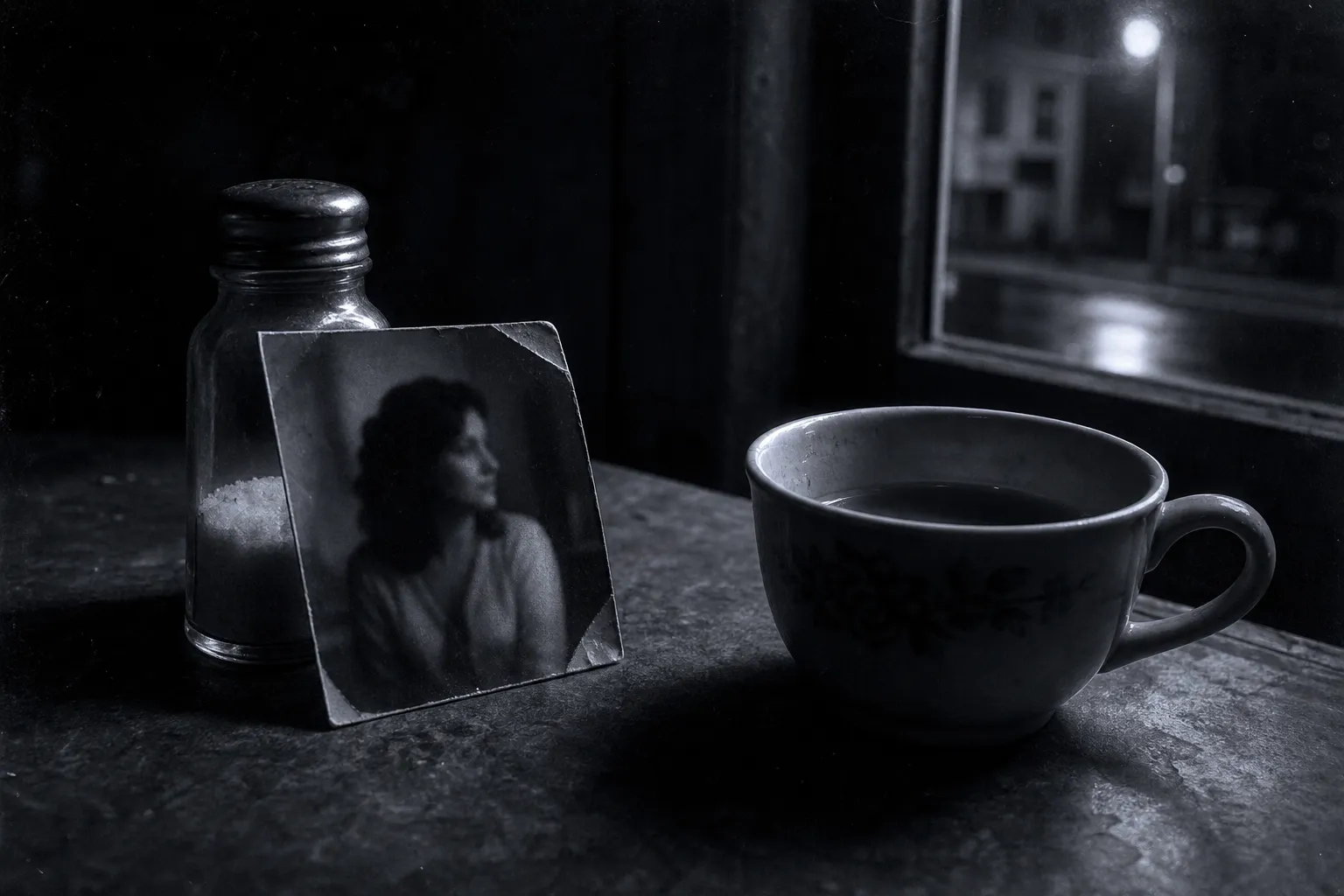 A kitchen table at night: an old photograph with a bent corner leans on a salt shaker, a blurred dark-haired woman in it, tea going cold beside it.