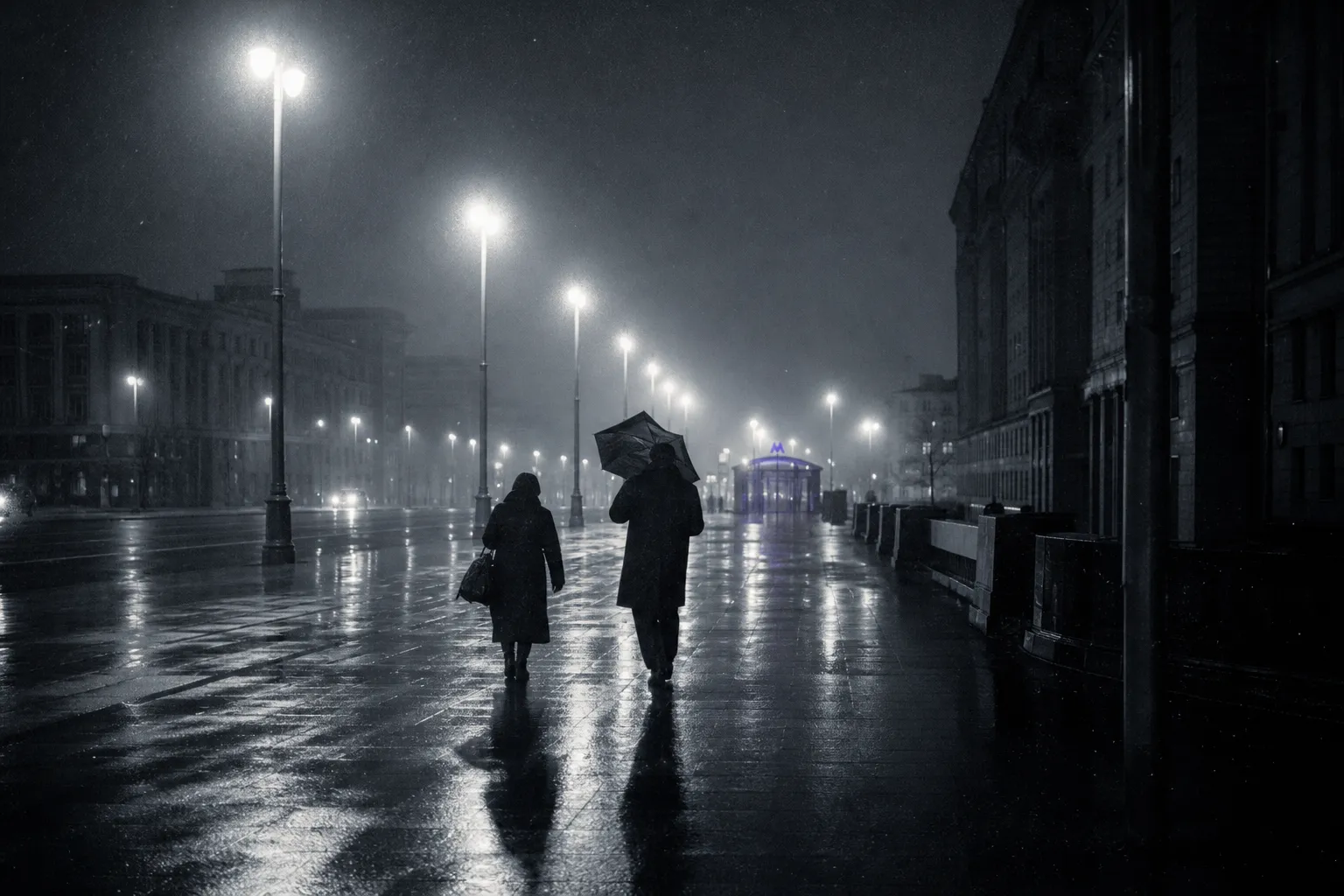 A Moscow avenue at November dusk: drizzle hangs in the air, haloes round the lamps, two people walk toward the metro, one fighting an inverted umbrella.