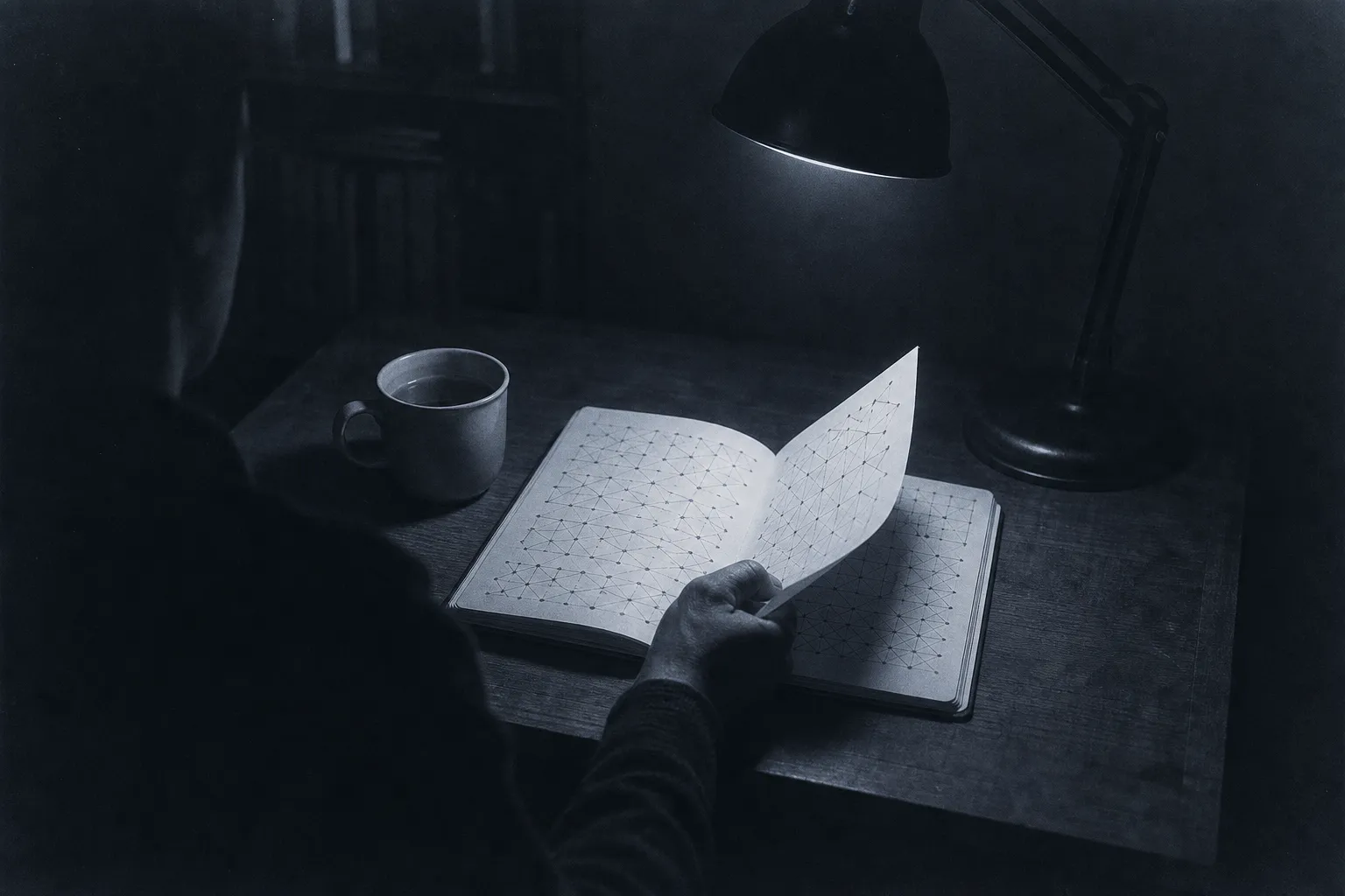 Evening in a small flat: tea and a notebook under a lamp, its pages full of patterns of lines, nodes and crossings, a man's hand turning a page.