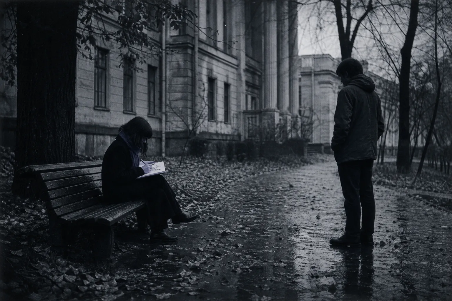 A bench by an institute at lunchtime in November: a dark-haired young woman with a fringe bends low over a notebook on her knees, a man a few steps away looking at her drawings.