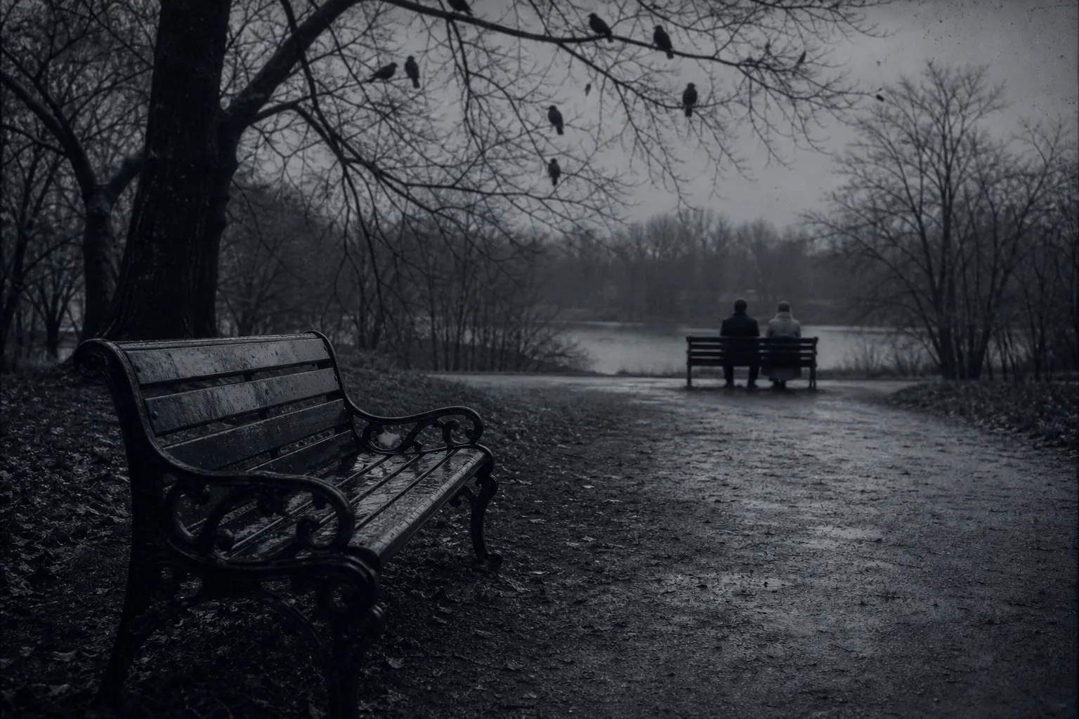 Neskuchny Garden in November: bare trees, wet benches, crows on the branches; on a far bench two men, one in a jacket, the other an older East Asian man in a long grey coat, sitting very upright.