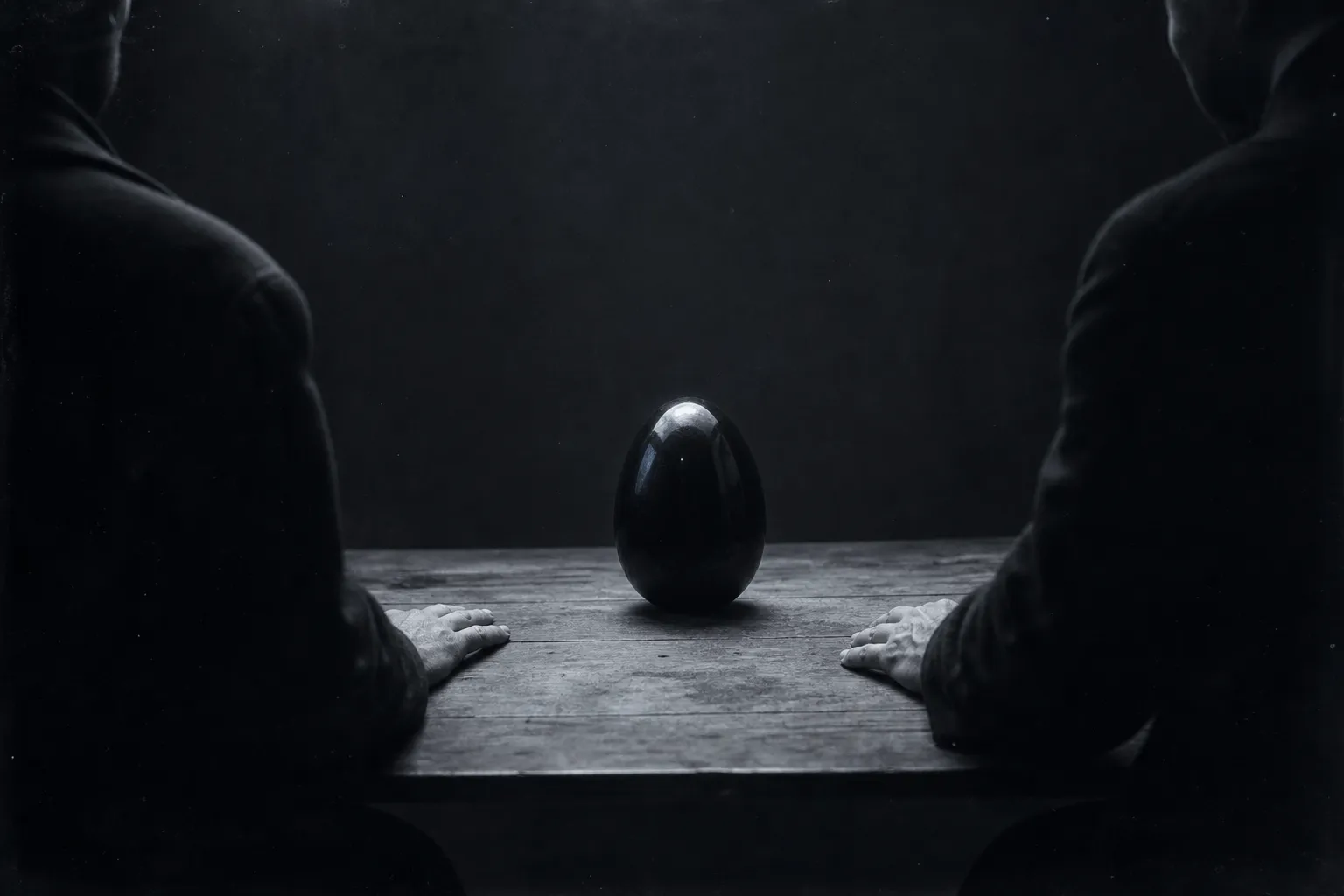 A bare wooden table between two men, hands on its edges; in the centre a smooth black egg whose surface seems to swallow light.