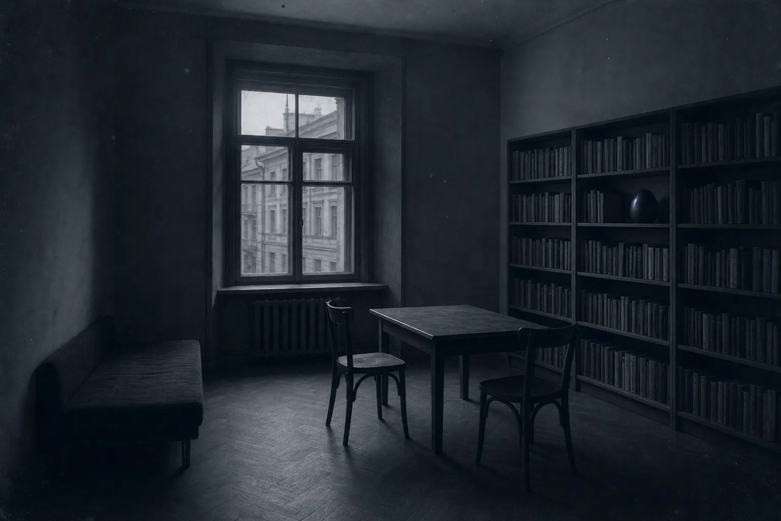 A strikingly bare flat in an old Moscow building: a table, two chairs, bookshelves, a low sofa; on one shelf among the books a smooth black egg the size of a melon.