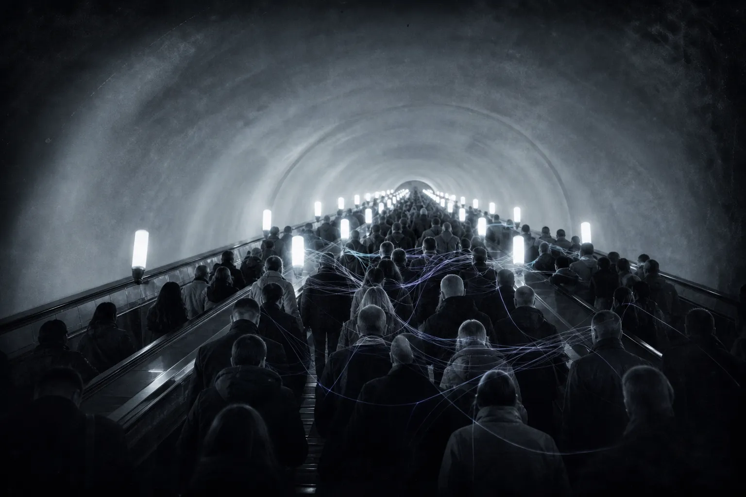 A long metro escalator at rush hour from above: a dense stream of commuters descending, faint threads of light connecting them like a living network.
