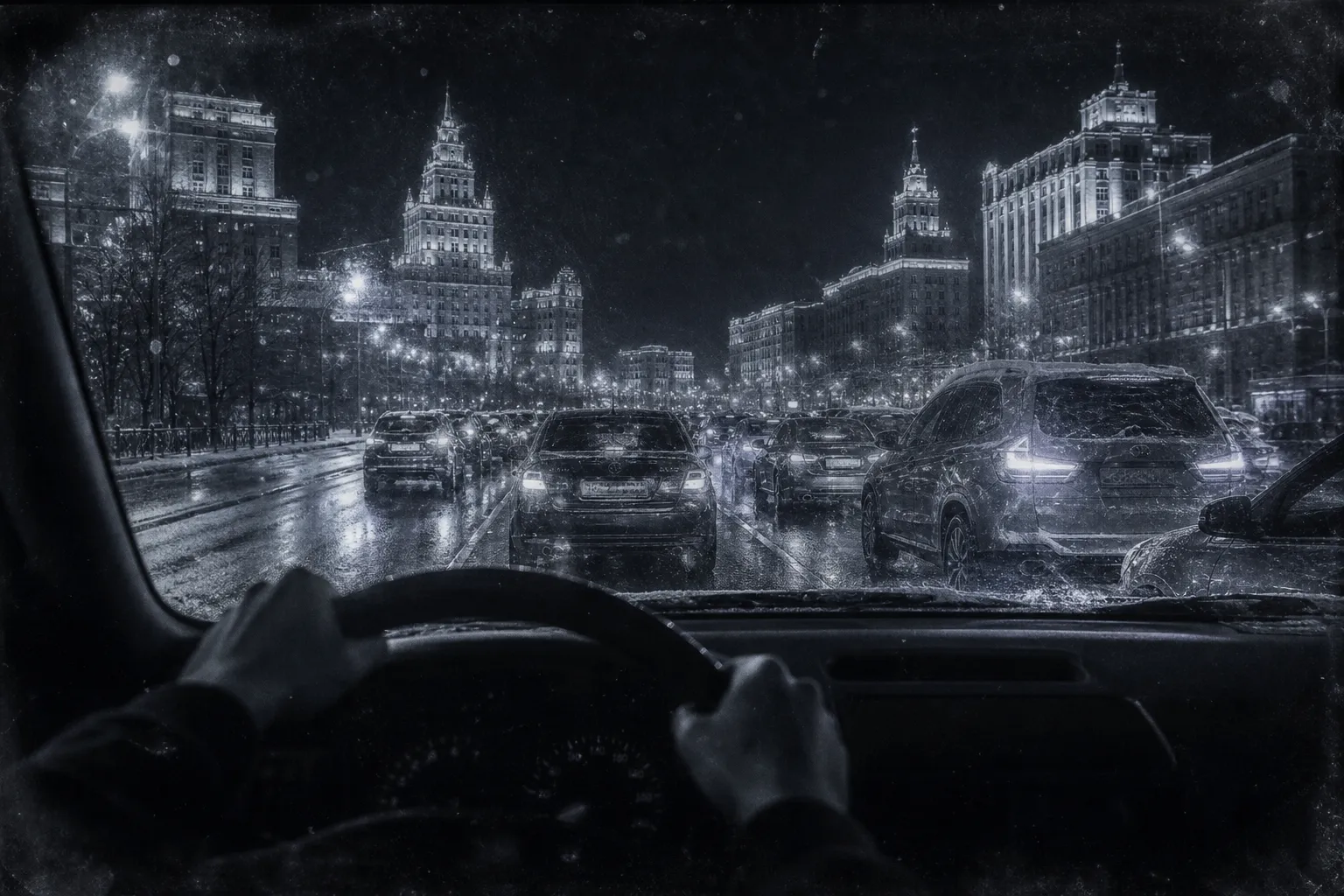 An evening traffic jam on an avenue from inside a car: the driver's hands on the wheel, a windscreen of red lights, the outlines of cars and buildings dissolving into shimmering lines and nodes.