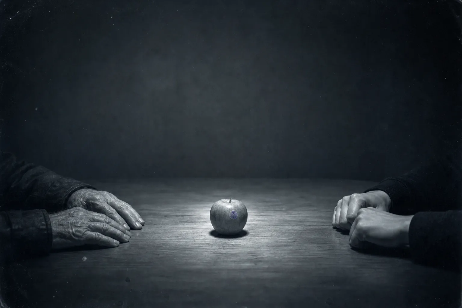 A single green apple with a small sticker in the middle of a bare table in a dim room, two pairs of hands either side: one old and still, one younger and tense.