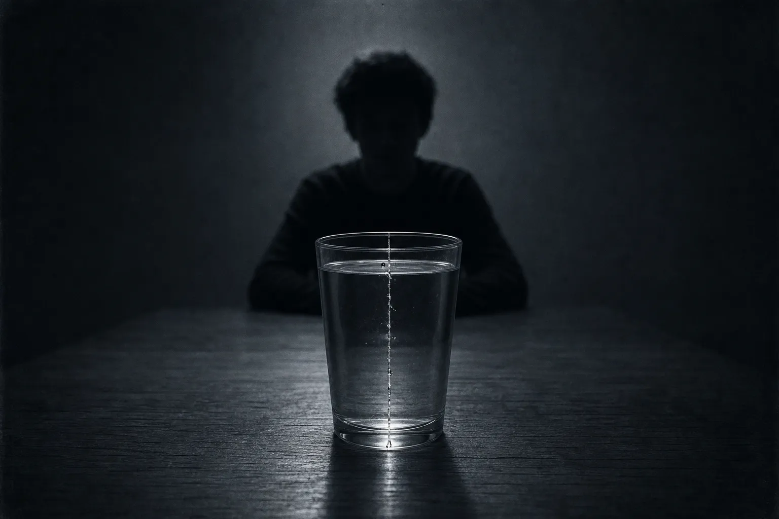 A plain glass of water on a table split top to bottom by one perfectly straight crack, a young man's silhouette staring at it across the table.