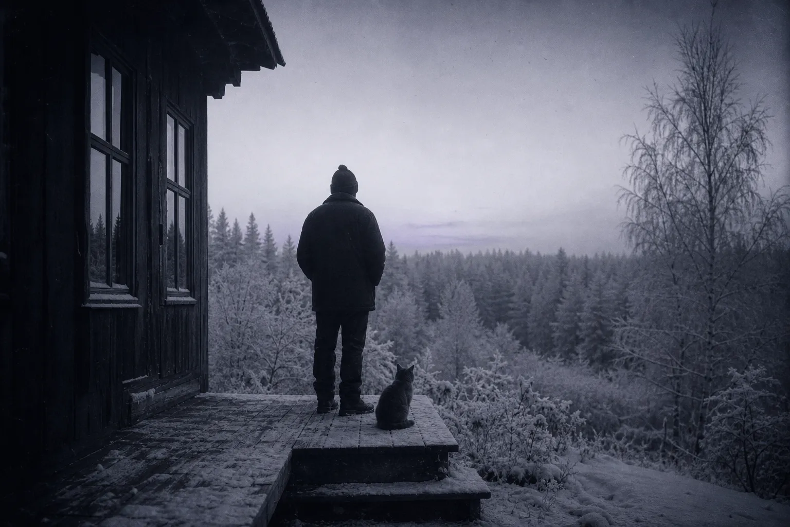 A man from behind on the wooden porch of an old dacha at dawn, looking at a silent snowy forest, a grey cat on the step beside him.