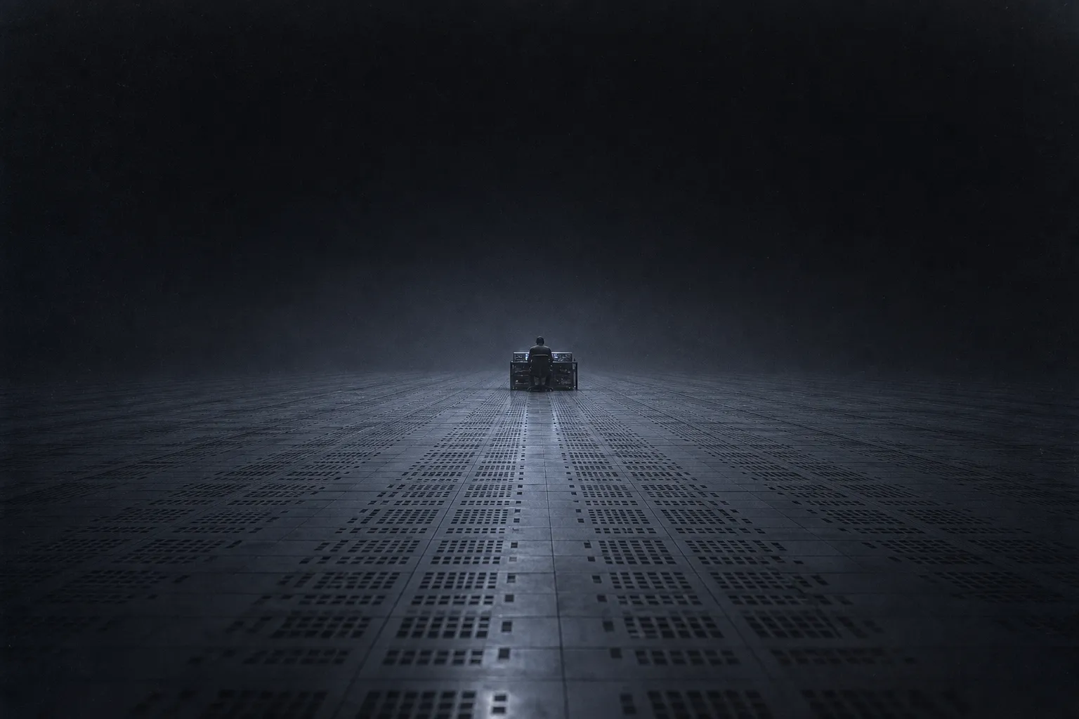 An immense empty space like a grey machine hall without walls or ceiling; far away a single figure sits at a small console.