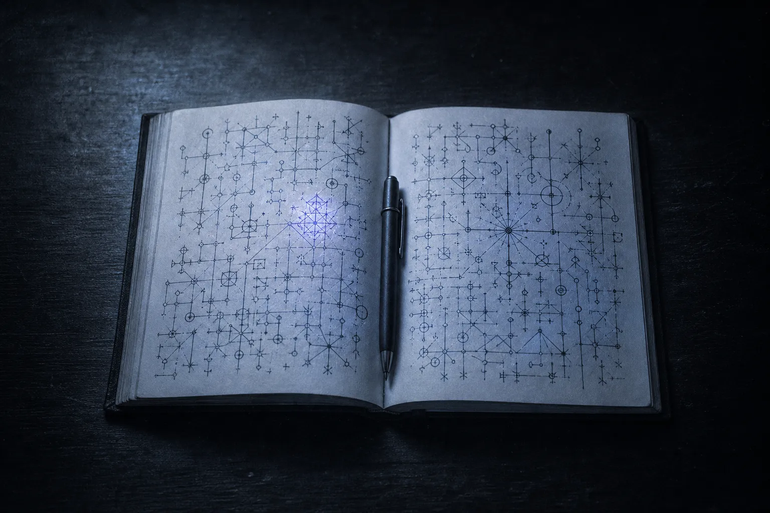 An open notebook on a dark table, both pages covered in drawings of lines, nodes and crossings like an unknown alphabet, a pen in the gutter.