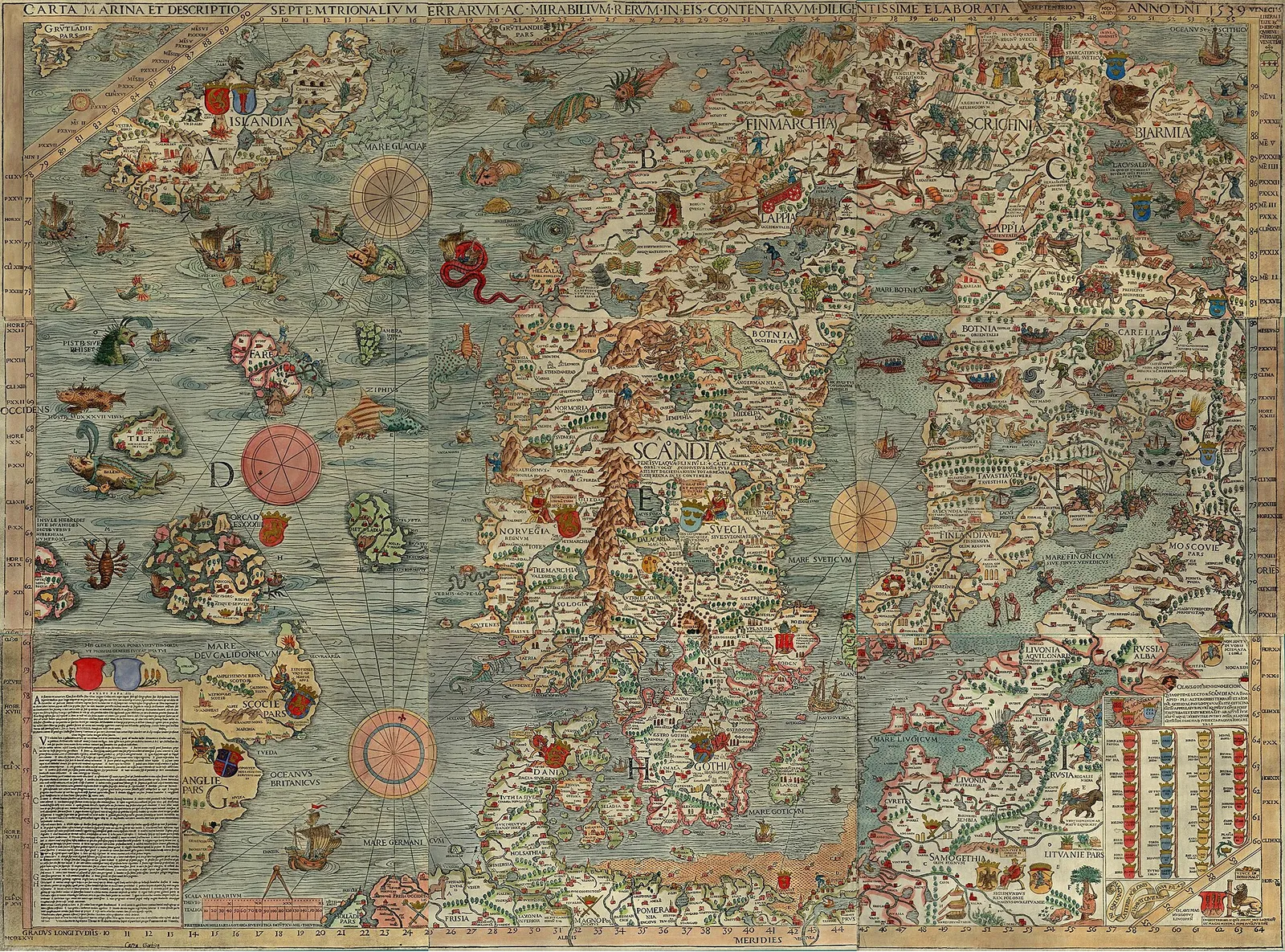 An old map of northern Europe: coastlines and mountains, with sea monsters and ships drawn in the ocean.