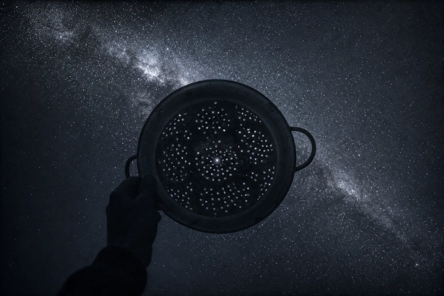 An old enamel colander held up to the night sky: starlight shines through its holes, and the pattern continues into the Milky Way.