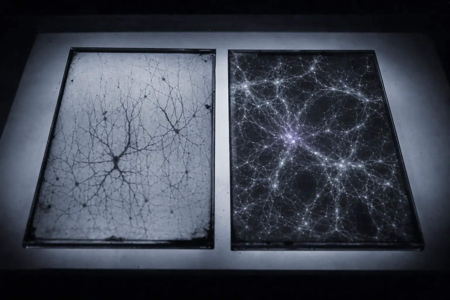 Two glass plates on a light table: on the left a slice of brain cortex with branching neurons, on the right the cosmic web of galaxies. From a distance they look the same.