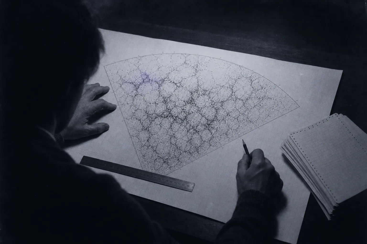 An astronomer's desk in the early 1980s: a large sheet with a hand-plotted fan of thousands of dots forming bubbles, walls and filaments; a ruler and punched cards beside it.