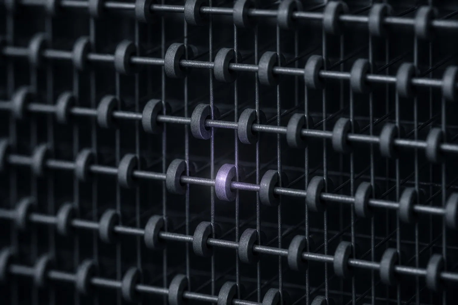 Close-up of 1960s core memory: a grid of copper wires through hundreds of tiny rings; one ring in the middle glows faintly warm.