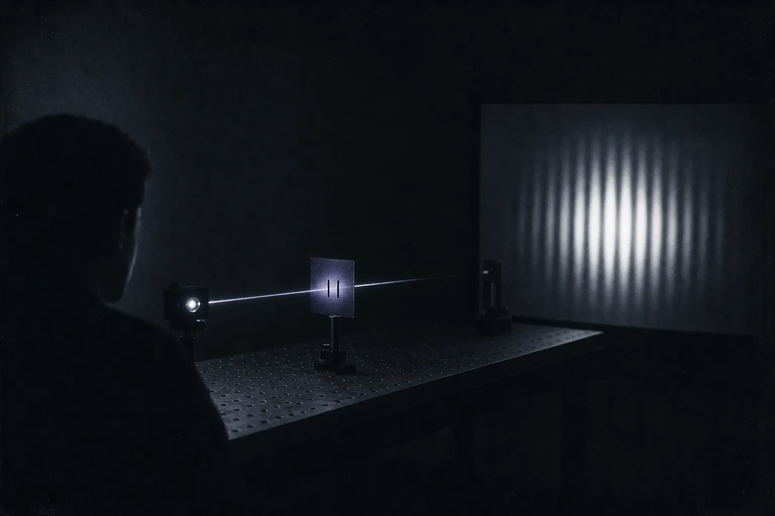 A dark optics lab: a thin laser beam passes through a plate with two slits and paints bright and dark stripes on a far screen.