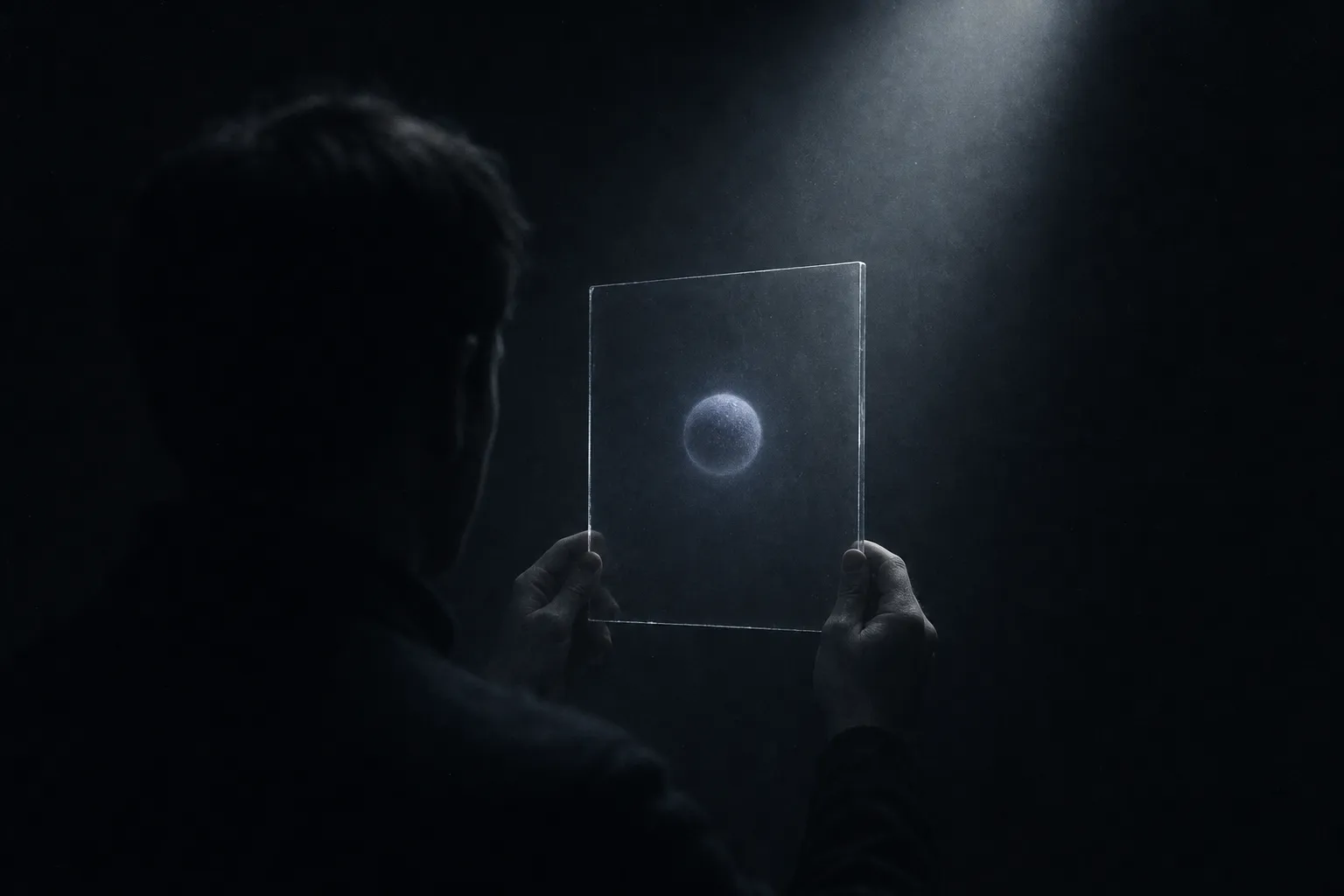 A glass holographic plate in a dark room, lit by a beam: a three-dimensional sphere seems to float inside the flat glass.