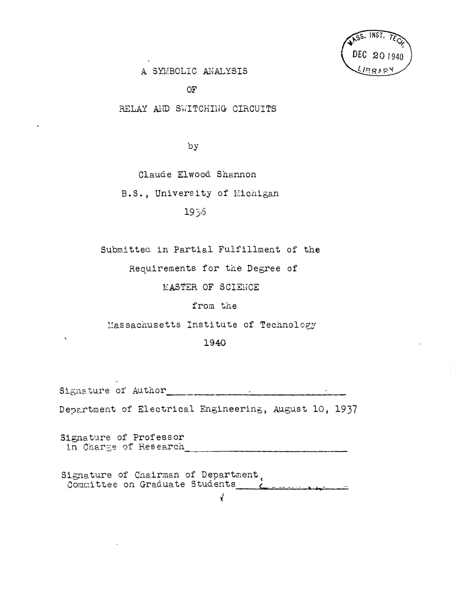A typewritten thesis title page with the author's name, university and dates.
