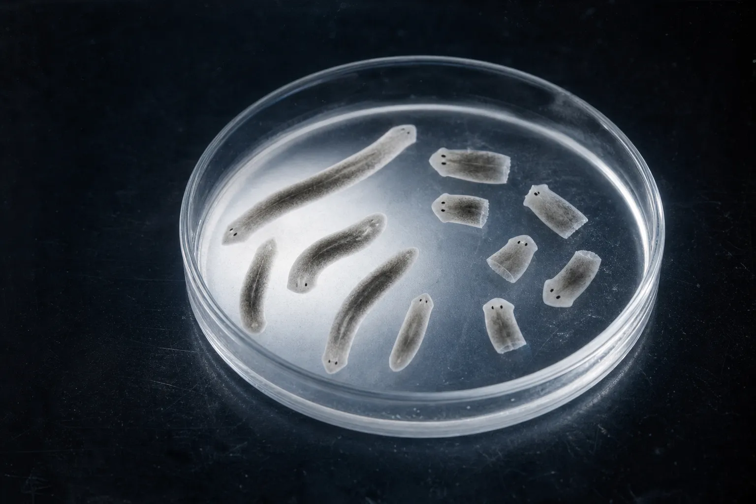 A petri dish lit from below on a dark bench: small flatworms with two eyespots glide through the water, beside them fragments of a cut worm, each already growing a new head.