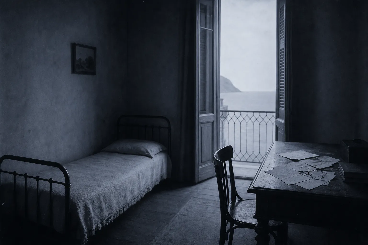Um quarto vazio de um velho hotel no Adriático em 1906: cama estreita, secretária com papéis e óculos, portadas altas entreabertas para um mar pálido.