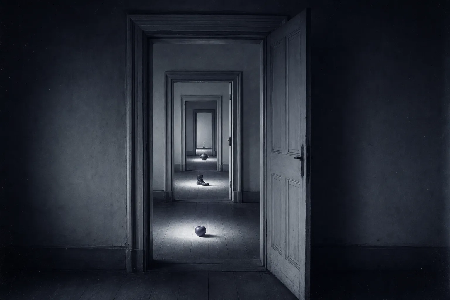 An enfilade of empty rooms in an old house, doors open one after another; in each room a single object in a pool of light: an apple, a boot, a clock, a teapot, a key.