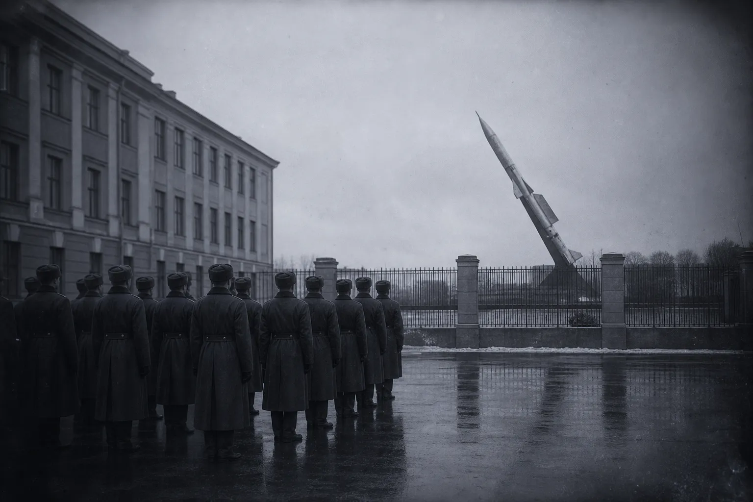 A military academy courtyard in Saint Petersburg on a grey morning: a row of cadets in greatcoats from behind, an old rocket monument beyond the railings.
