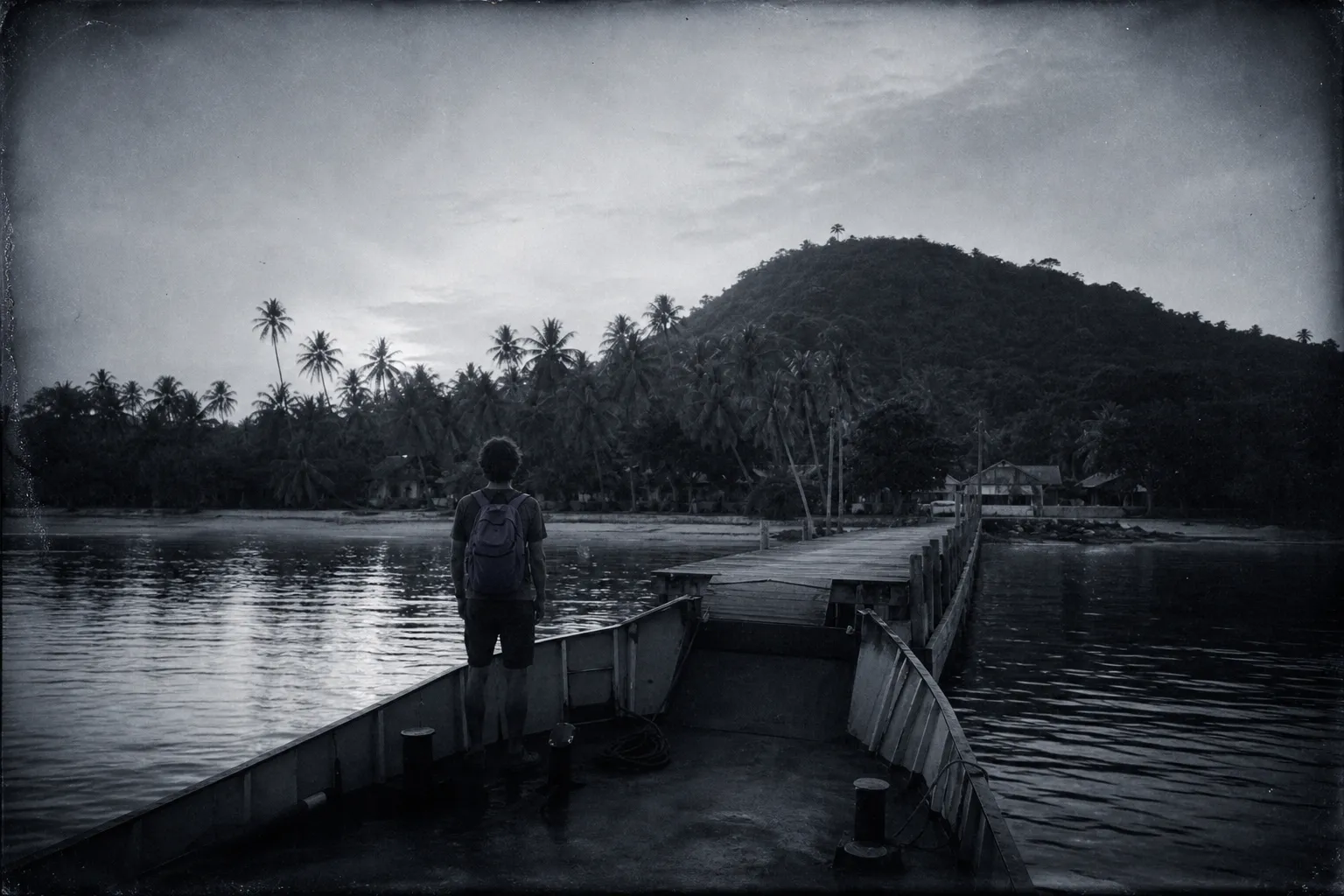 A small ferry nearing a wooden pier on a tropical island in late afternoon: a passenger with a backpack at the bow, seen from behind, palms and a green hill ahead.