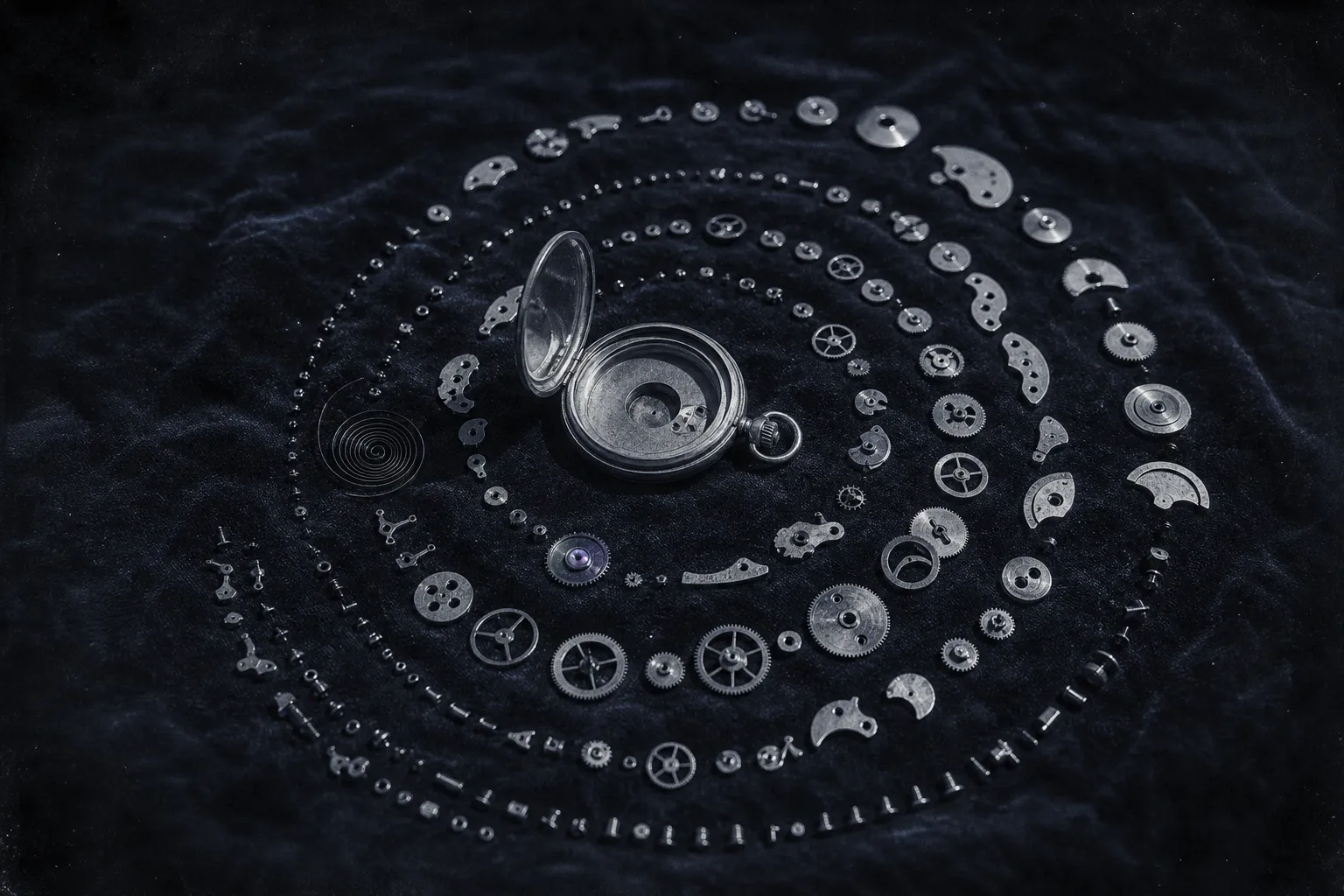 A pocket watch taken apart on dark cloth: tiny gears and springs laid out in a spiral like a galaxy, the open case at the centre.