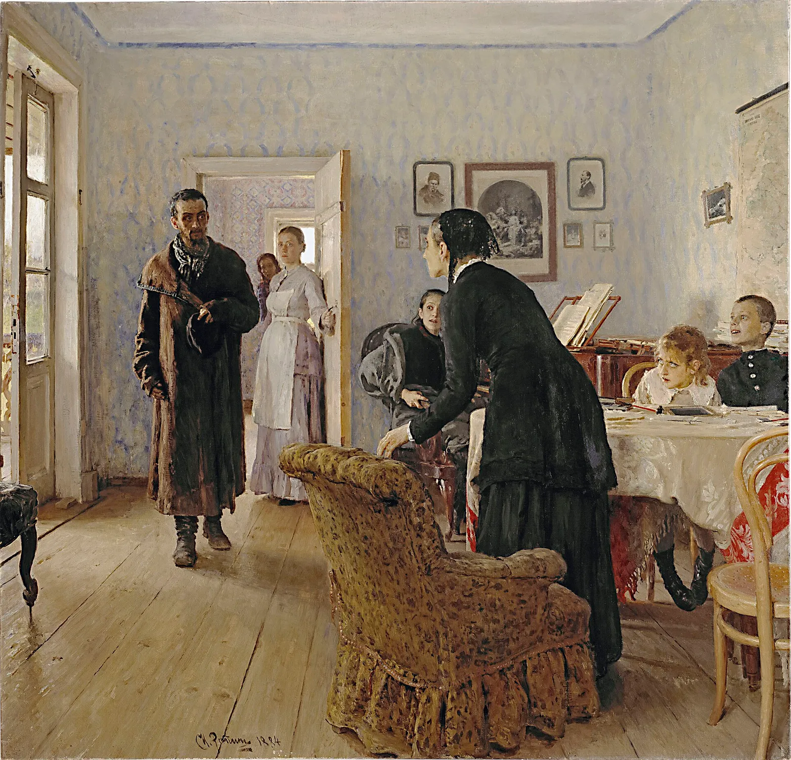 Painting: a bright room, a thin man in a dark coat in the doorway, a woman in an armchair half rising towards him, children at a table by the window.