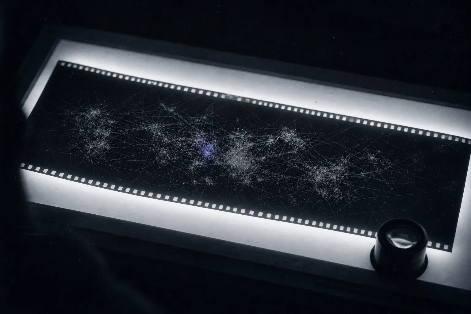 Film on a light table: thousands of fine white eye-movement lines knot into clusters and jumps, almost everything else empty, a loupe at the edge.