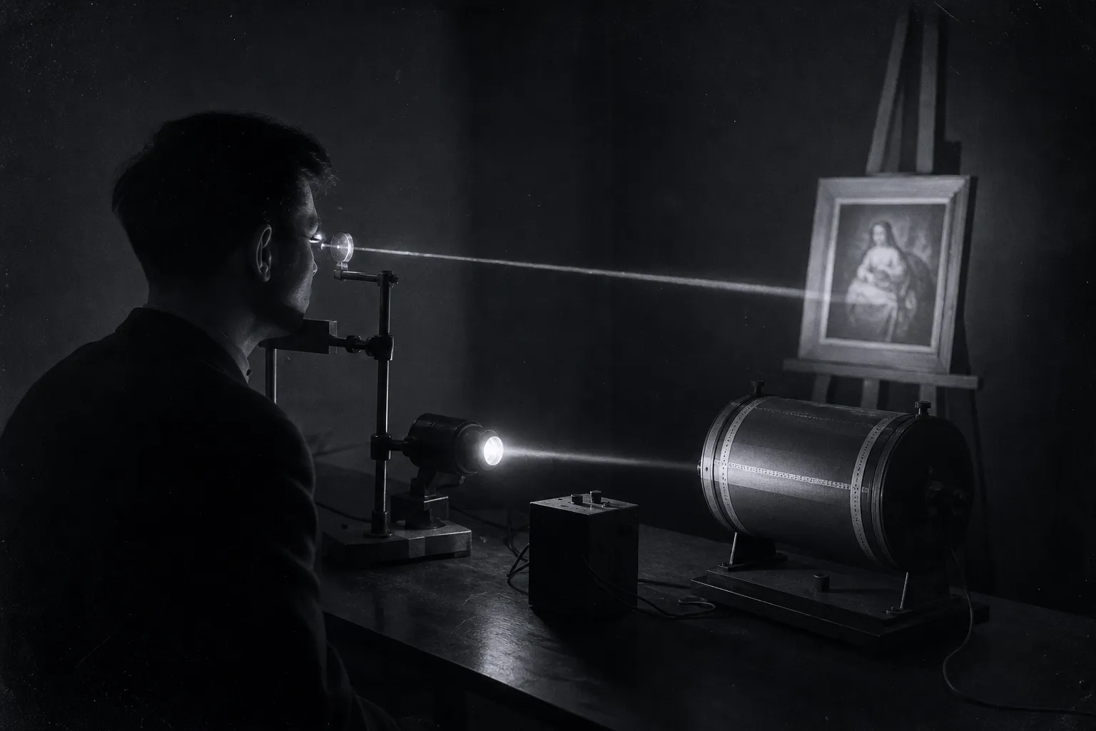 A 1960s laboratory: a volunteer in profile bites a wooden bar, a thin beam reflects off a mirror on the eye onto a drum of film, a painting on an easel in front.