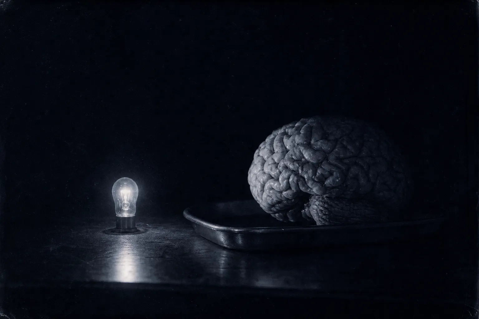 In darkness on a lab bench a small bulb glows beside a human brain on a tray, lit only by it.