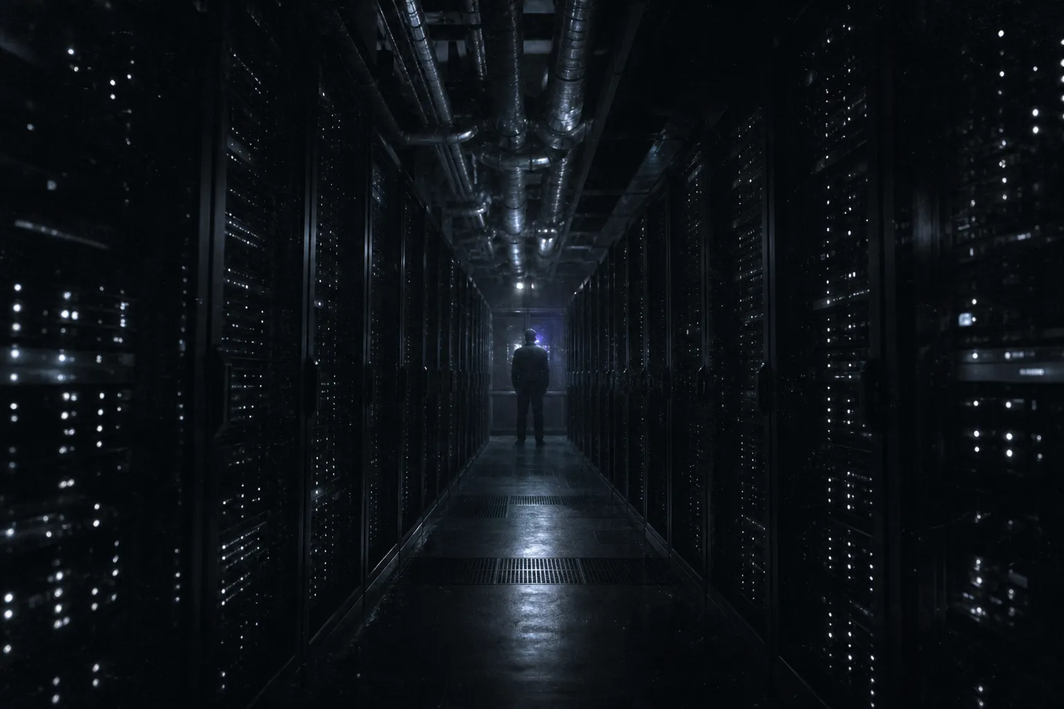 A server-room aisle in near darkness: tall racks with tiny lights, thick cooling pipes, an engineer standing at the far end.