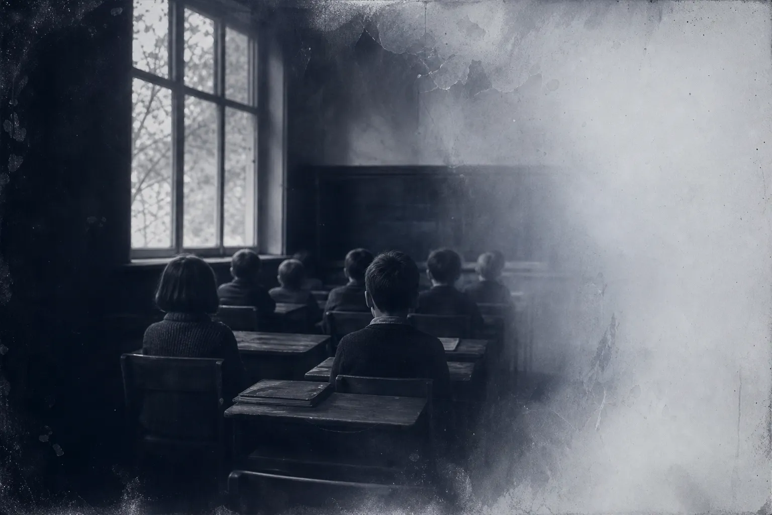 An old faded classroom photo: children from behind at desks, a tall window, the edges dissolving as if the memory were being rewritten.