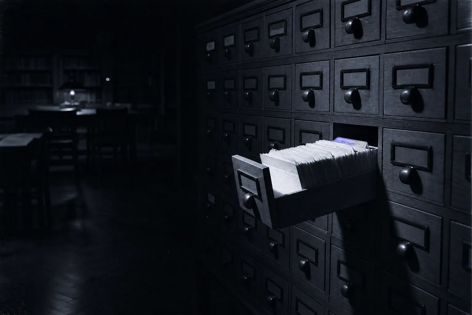 An old library card catalogue in a dark reading room: rows of wooden drawers, one pulled out and lit, its cards fanned.