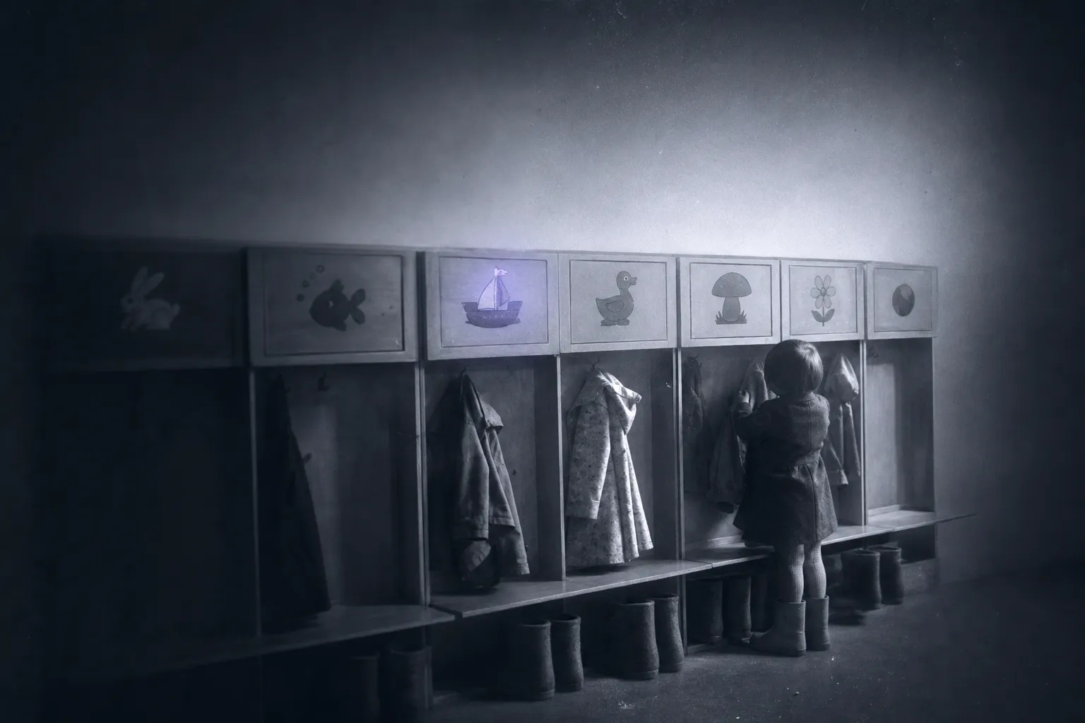 A kindergarten cloakroom: a row of small lockers with pictures, tiny coats, felt boots; overexposed like a flash of memory.