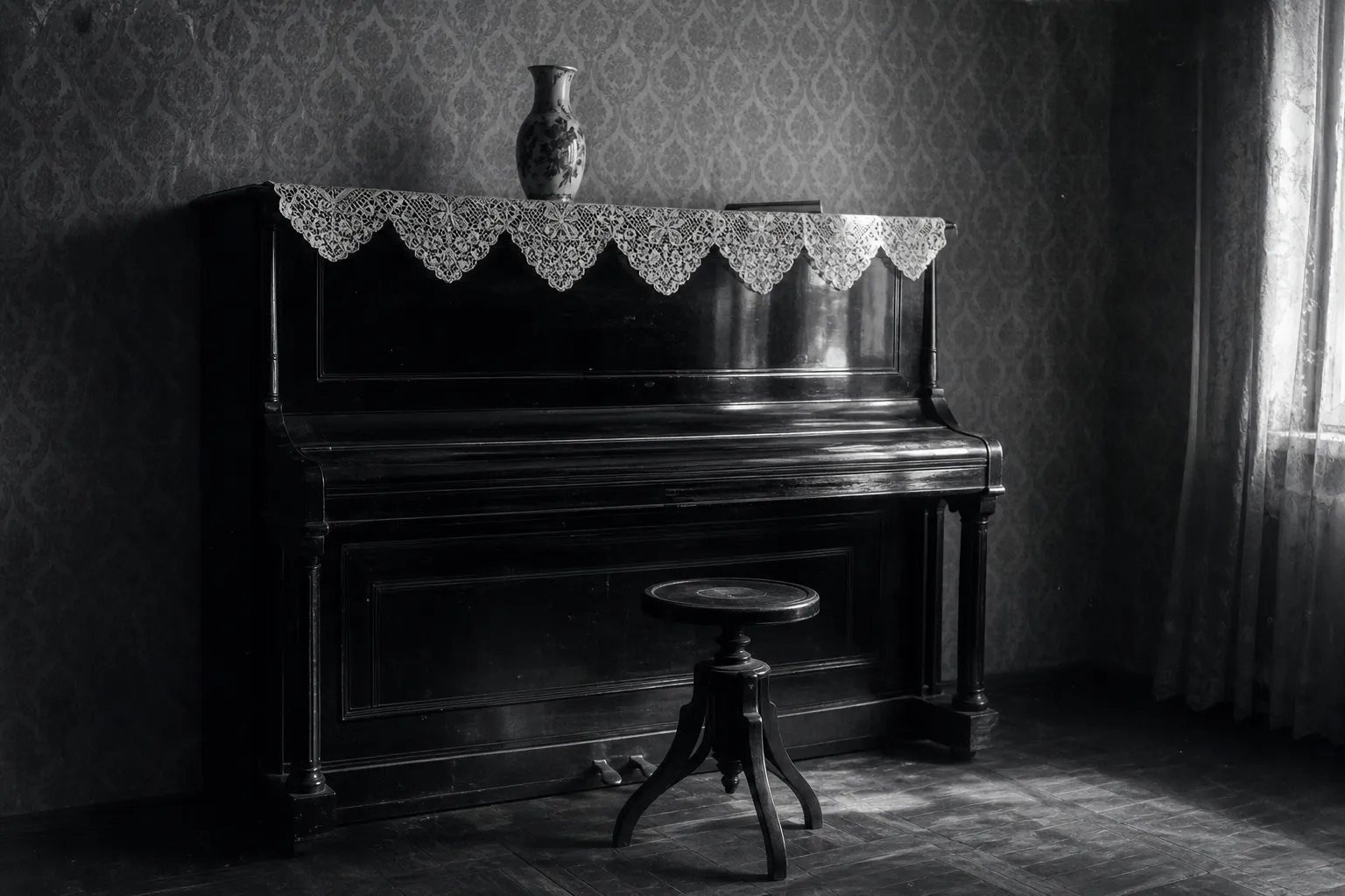A grandmother's flat: a black lacquered upright piano against patterned wallpaper, a round revolving stool in front, a lace doily and vase on top.