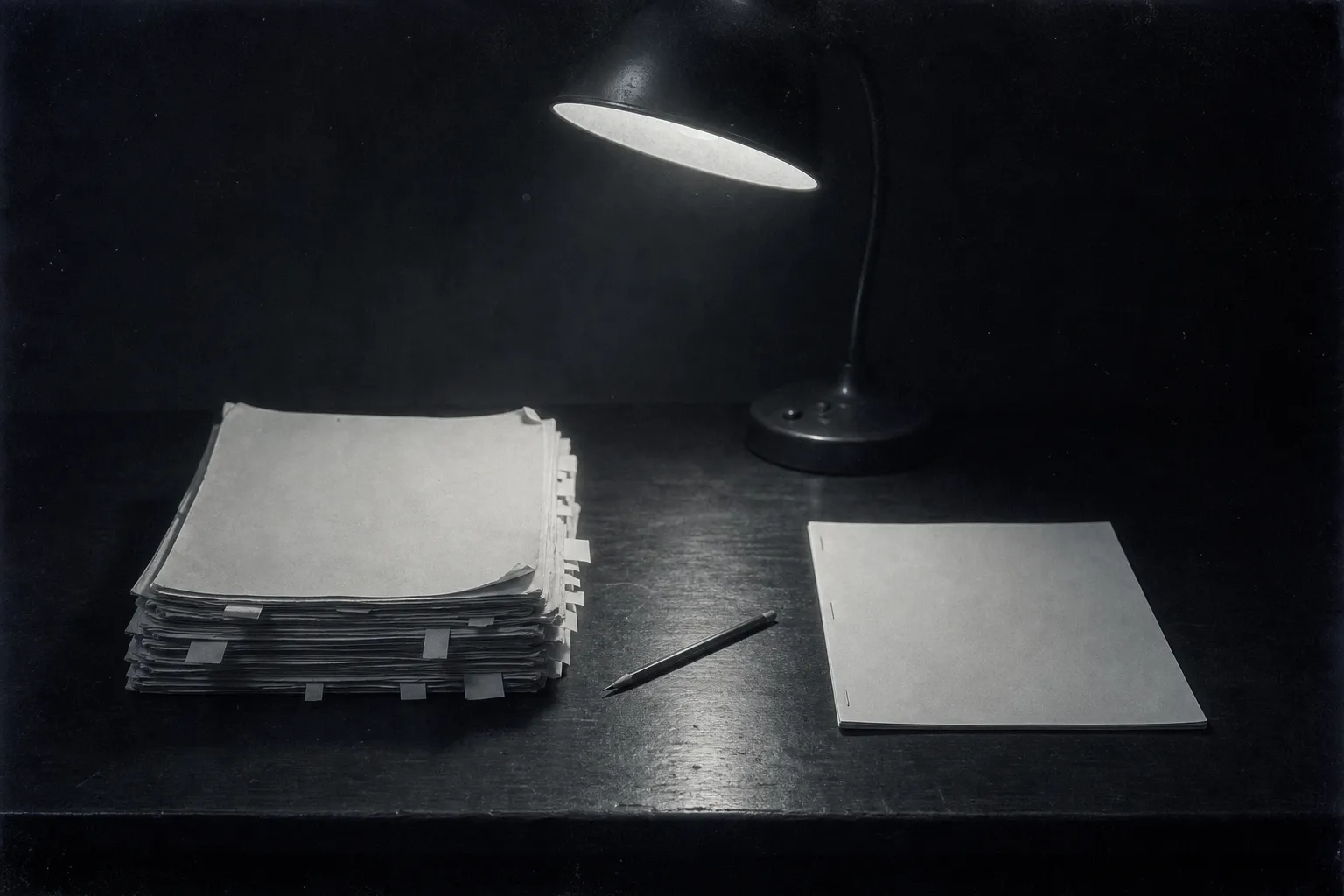 A dark desk under a lamp: a thick worn typescript full of slips on the left, a thin stapled preprint on the right, a pencil between them.