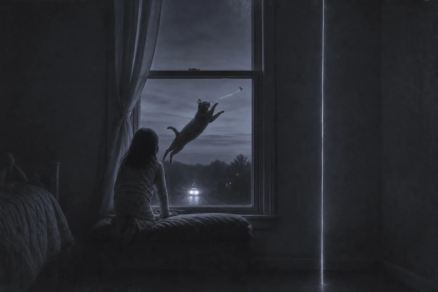 A child's room at dusk: a girl in pyjamas, back to us, watches a grey cat leap at a fly trailing silver dust, a thin glowing thread rising through the room.