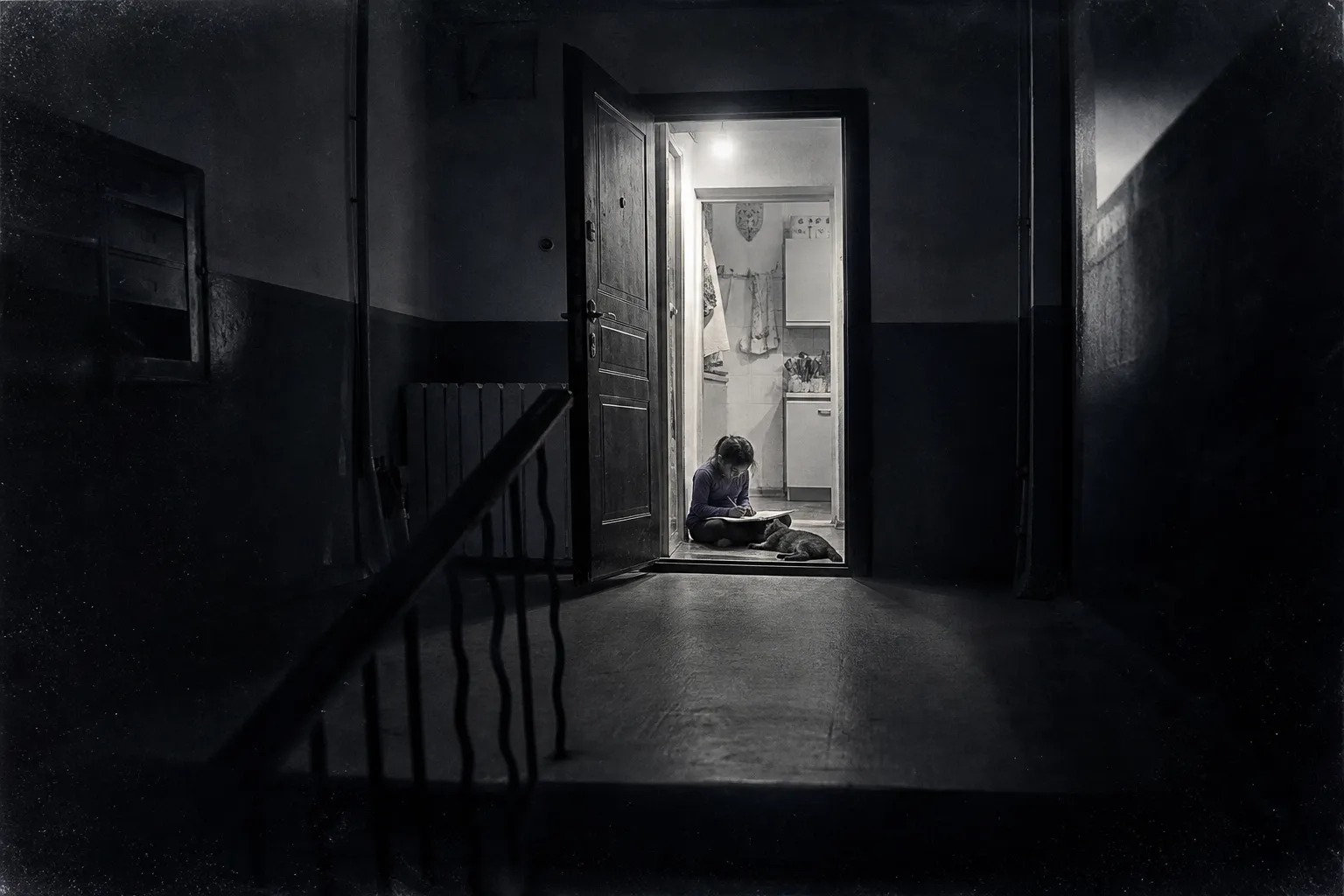 An open flat door seen from a dim stairwell: a girl sits cross-legged on the threshold with a notebook, a grey cat stretched beside her, warm kitchen light behind.