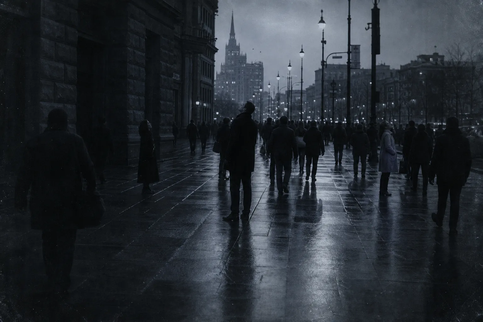 A Moscow street at dusk in the near future: in the hurrying crowd several passers-by have stopped dead, looking around in wonder as if noticing what others cannot see.