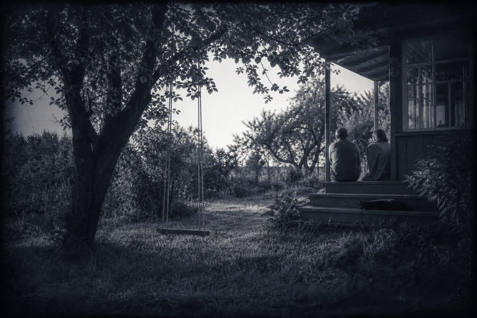 A dacha garden in June seven years on: old apple trees, a swing with an oak seat on a branch, a man and a woman near fifty on the veranda steps, a black cat stretched on the lowest step.