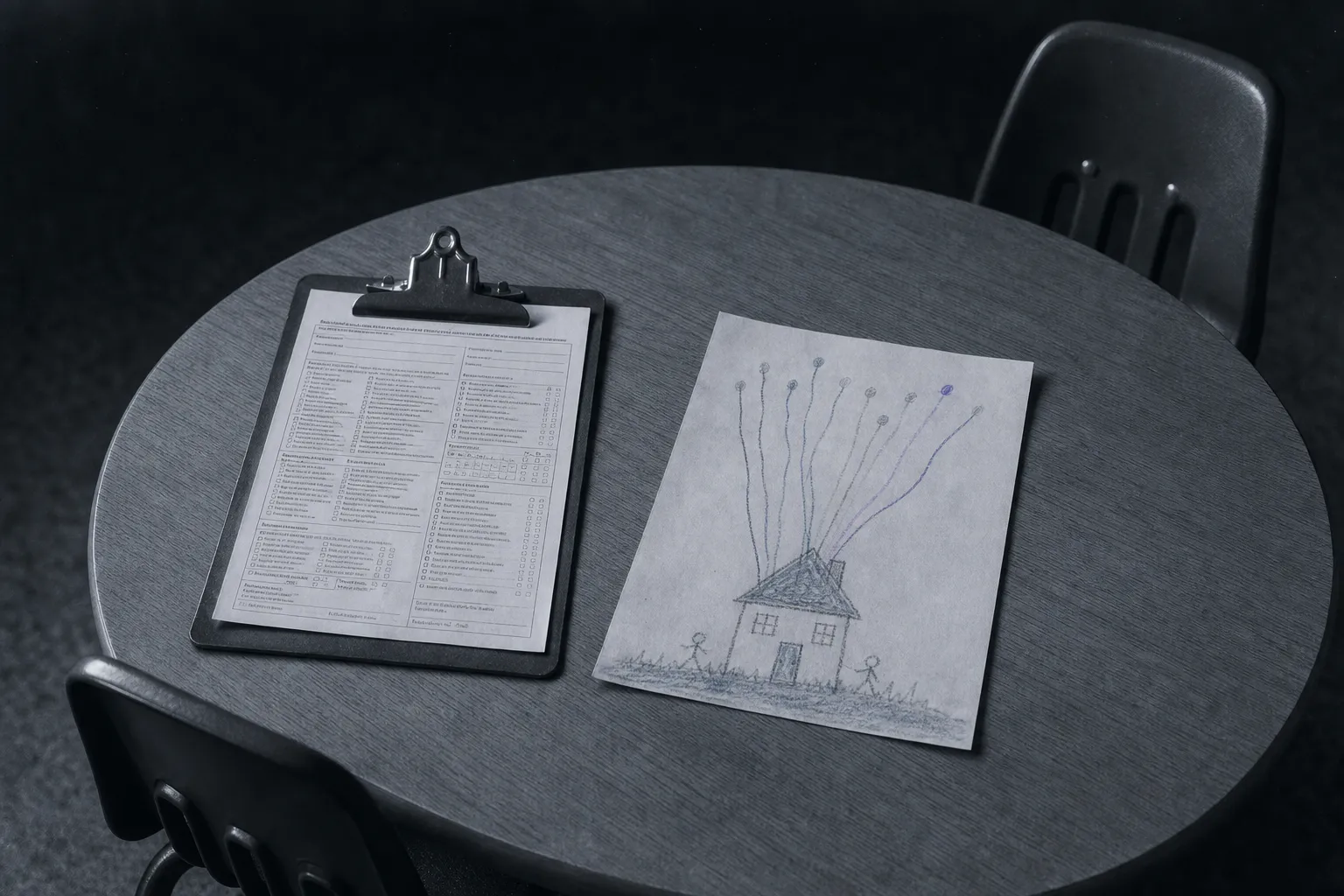 An official form with many small checkboxes on a clipboard on a kindergarten table; beside it a child's crayon drawing of a house with thin bright threads rising from its roof.