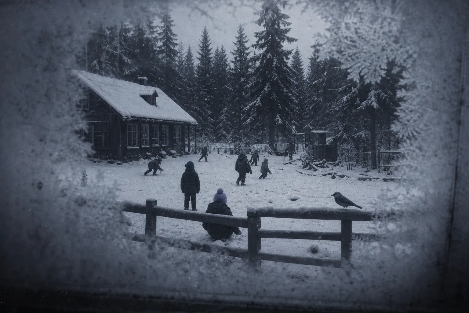 The snowy yard of a small forest school seen through a window frosted at the edges: children in coats playing in the snow, dark firs behind, one bird on the fence.