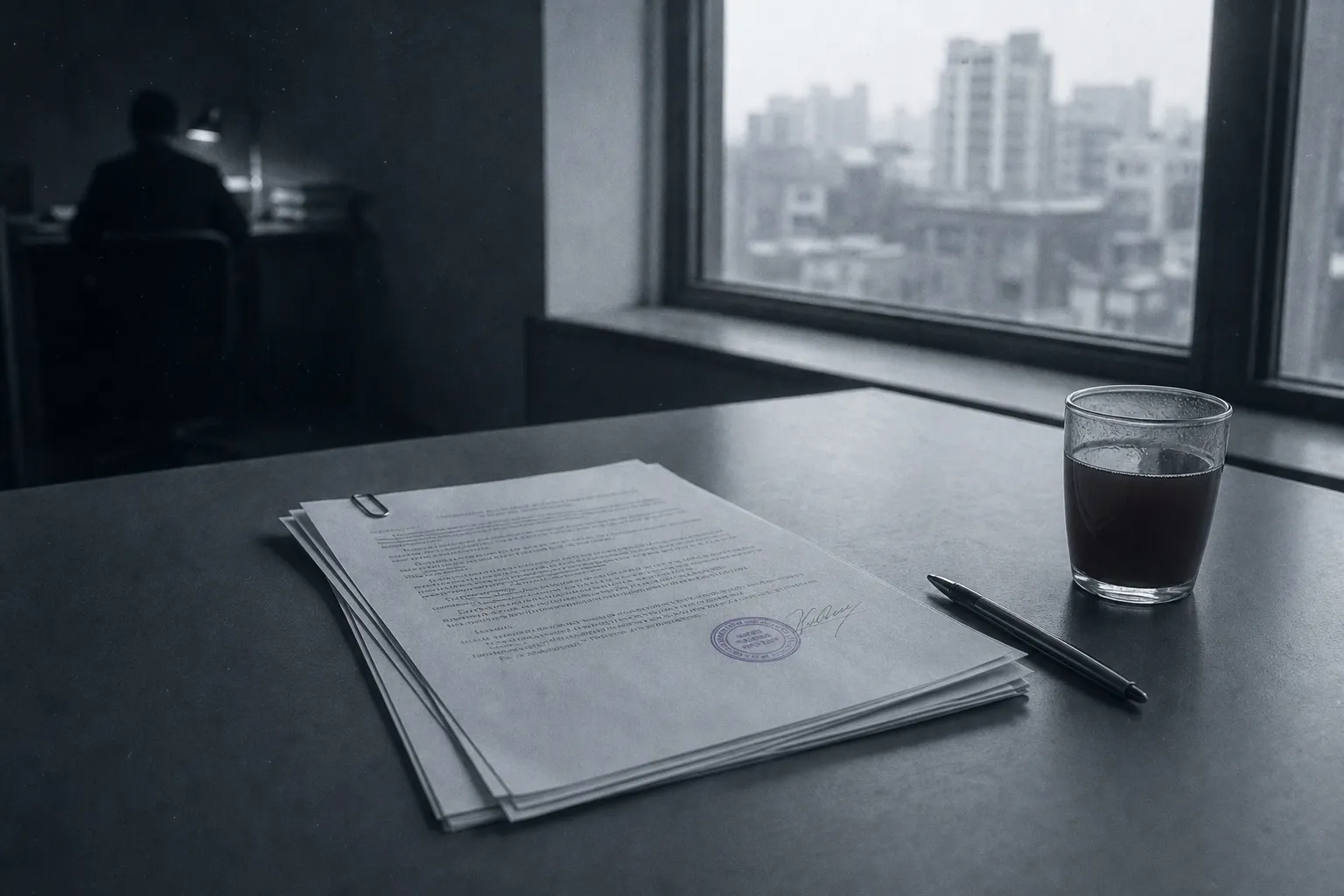 An official memo on a grey office desk: several typed pages with a round stamp and signature, a paper clip, a ballpoint pen, cold tea; fluorescent light.