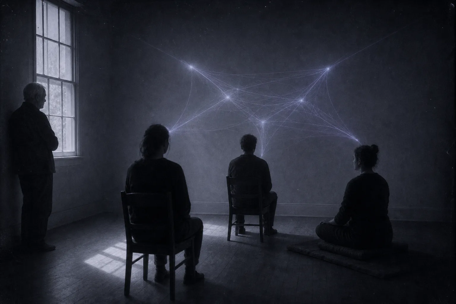 A study in spring light: two women and a man sit in a loose circle with eyes closed, a faint web of luminous threads above joining them into one shape; an old man watching by the window.