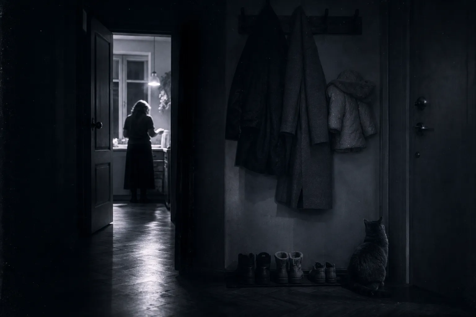 A Moscow flat's hallway at night: a man's jacket, a woman's coat and a small child's coat side by side on the hooks, three pairs of shoes below, a grey cat by the door.